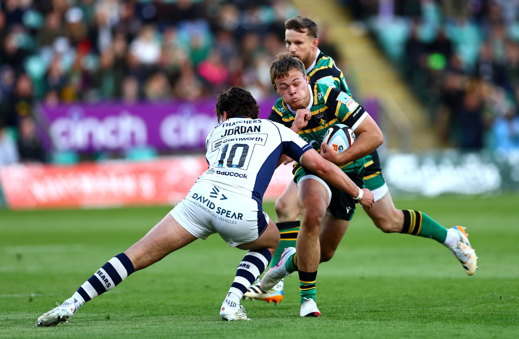 Northampton Saints' Tom Litchfield is tackled by Bristol Bears Tom Jordan during the May 2026 Gallagher PREM match