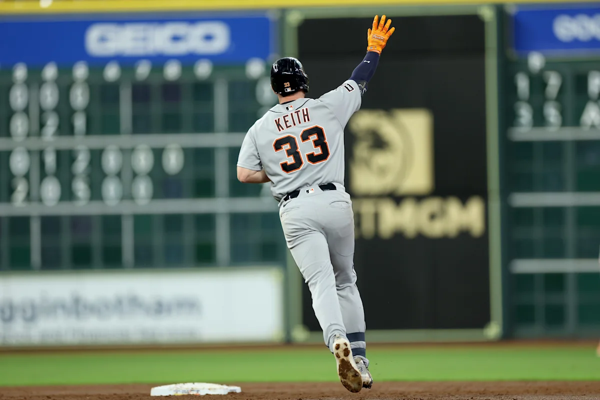 Colt Keith hits a two-run home run in the third inning against the Astros at Daikin Park on Monday in Houston.